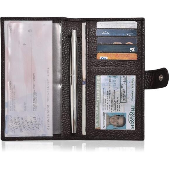 RFID Leather Checkbook Covers 6 Credit Card & 1 ID Slot and Pen Holder - Picture 6 of 7